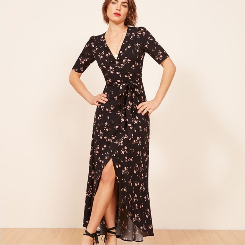 Reformation Black Floral Wrap Maxi Dress with Pink Accents
